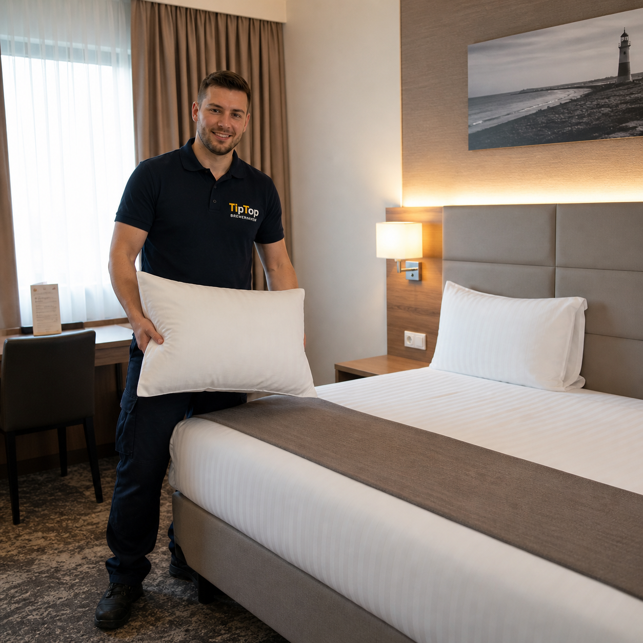 Ordentlich gereinigtes Hotelzimmer mit gemachtem Bett