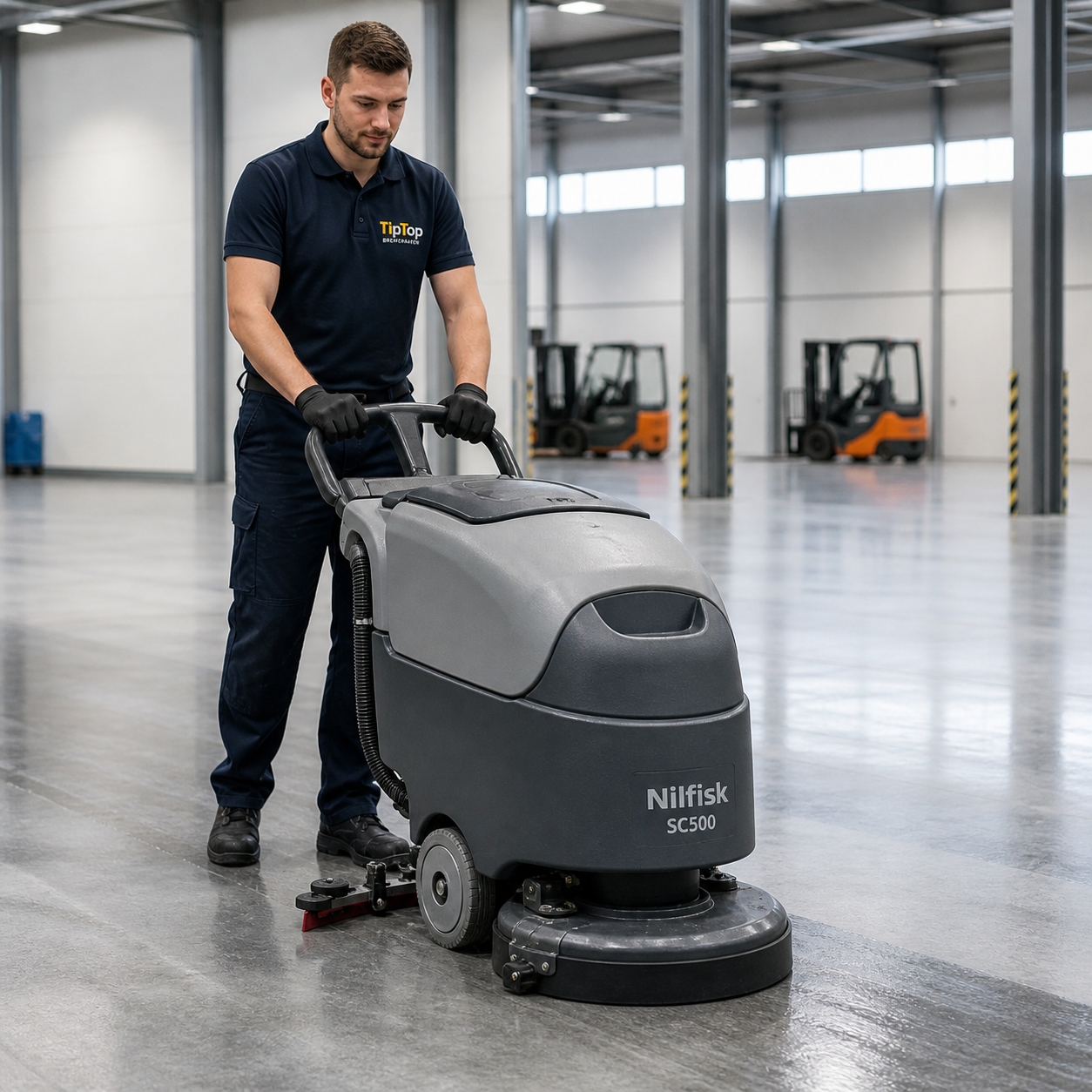Reinigungskraft in einer modernen Halle mit Reinigungsmaschine